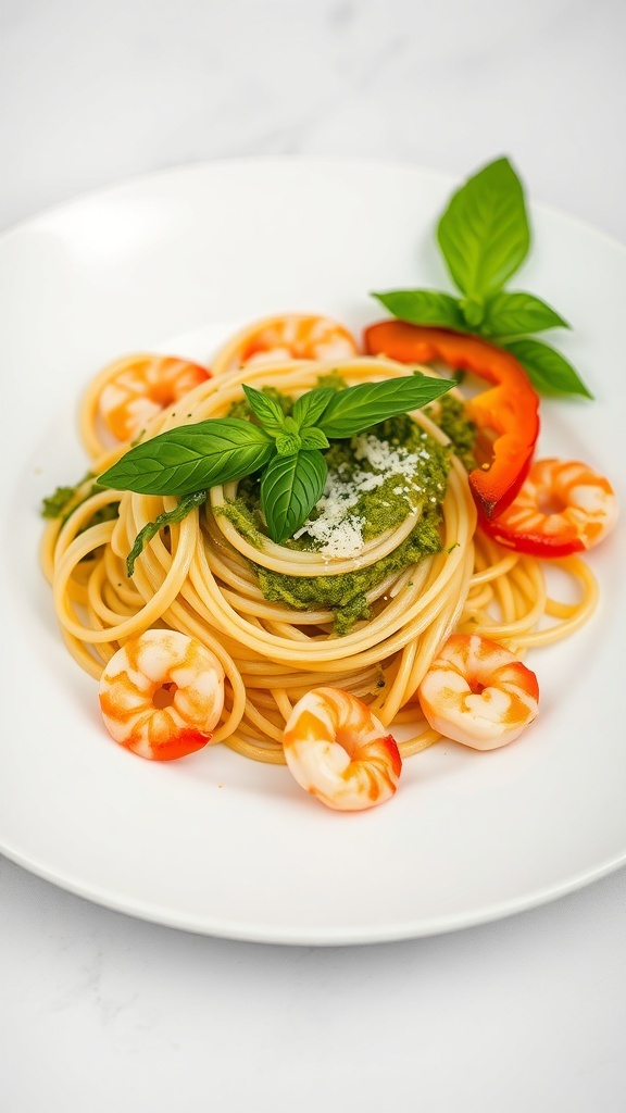 Elegant plating of noodles with pesto, garnished with basil and shrimp on a white plate.